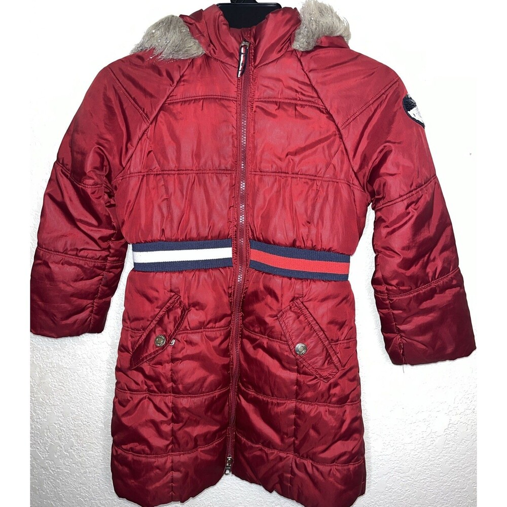 Tommy Hilfiger Puffer Winter Jacket Kids Girls Red Faux Fur Hood Coat Sz 7